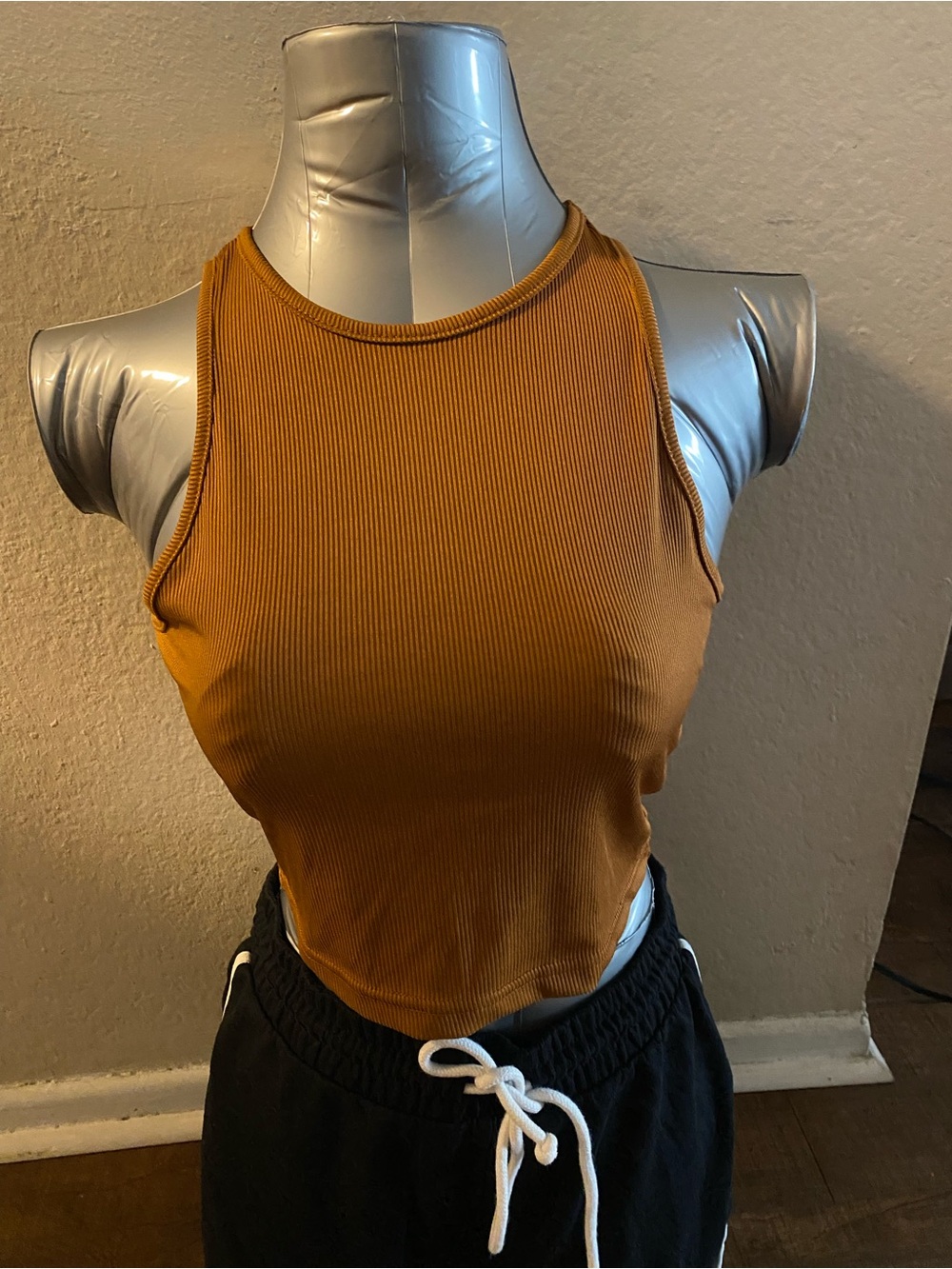 Ribbed Cropped Tank Top in Mustard - Women's High Neck